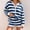 Dark Blue, variant on Womens Striped 2 Piece Short Sets Outfit Long Sleeve Henley Neck Pullover Shirt & Drawstring High Waisted Shorts With Pockets, M
