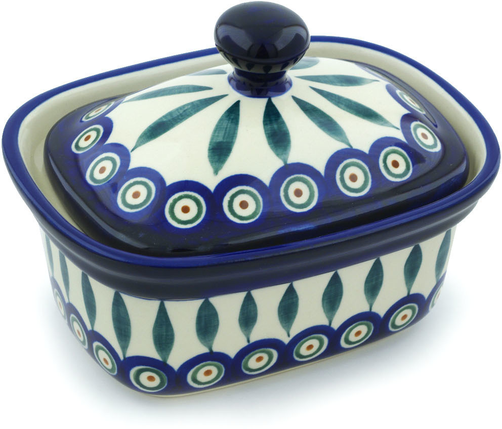 Polish Pottery 6¼inch Butter Dish (Peacock Leaves Theme) Hand Painted