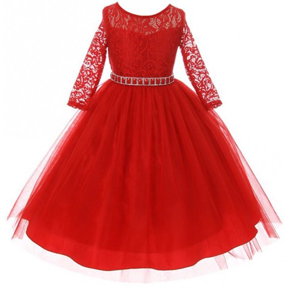Big Girls' Dress Lace Top Rhinestones Tulle Holiday Christmas Party Flower Girl Dress Red Size 12 (M37BK2)