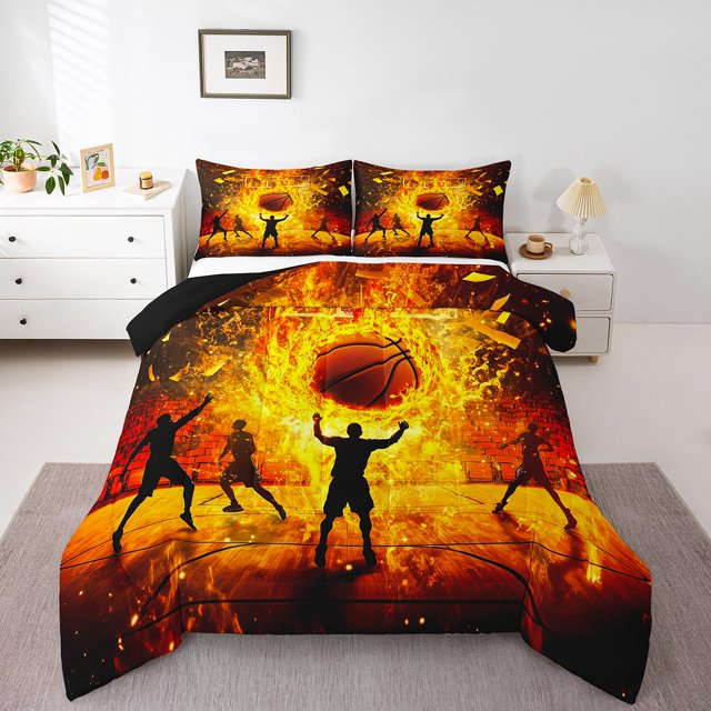 Erosebridal Ensembles de Literie de Sport de Basketball pour Garçons Très Grand avec Couette, Insert de Couette Terrain de Basketball en Flammes, Réversible