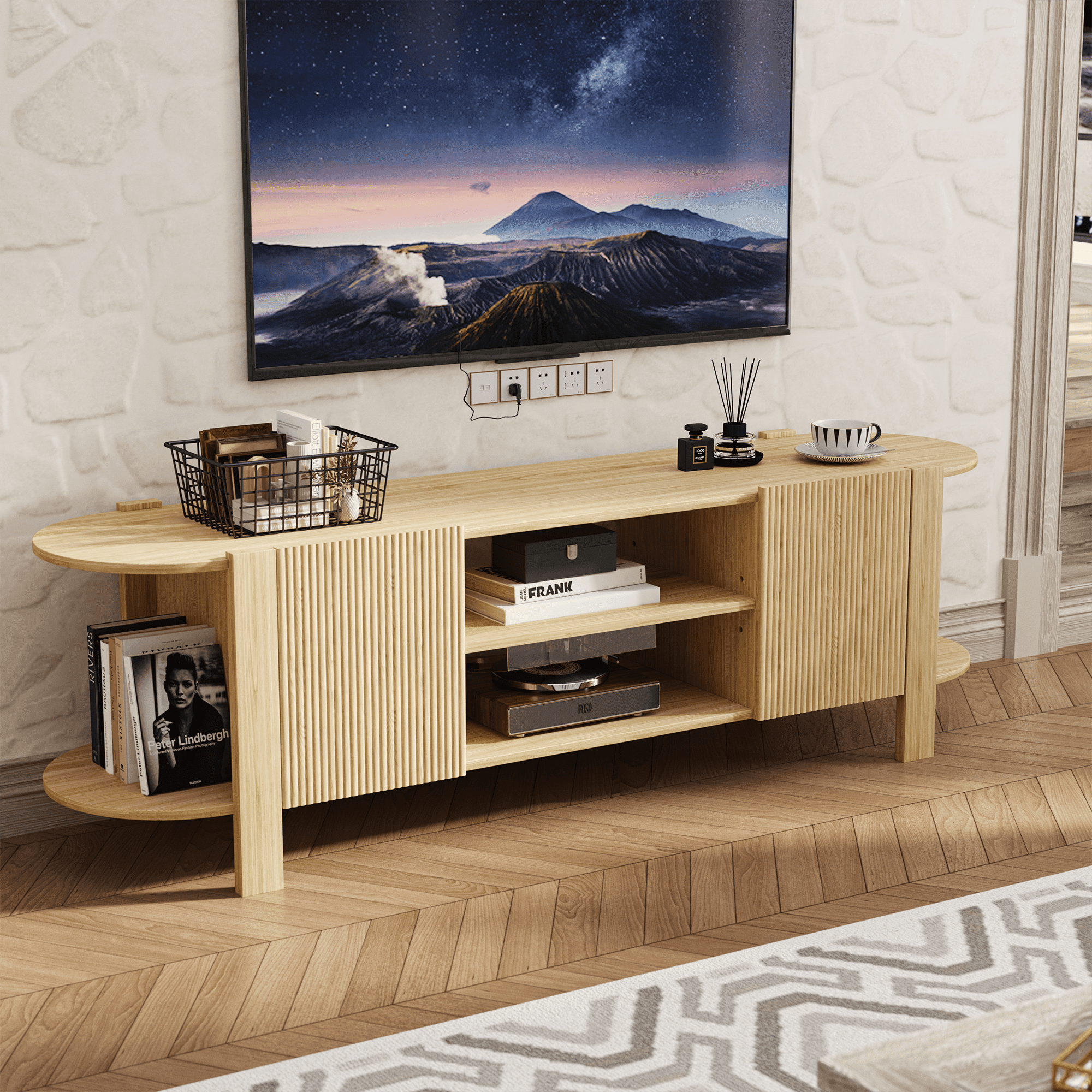 ZOSQUARE 65 Inch TV Stand for TVs up to 75", Wood Entertainment Center with Fluted Doors and Open Shelves, Wood TV Console with Rounded Edges for Living Room