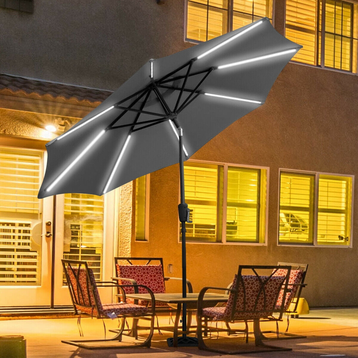 Gymax 9 Ft Patio Waterproof Solar Umbrella Led Light Tilt Gray Walmart Canada