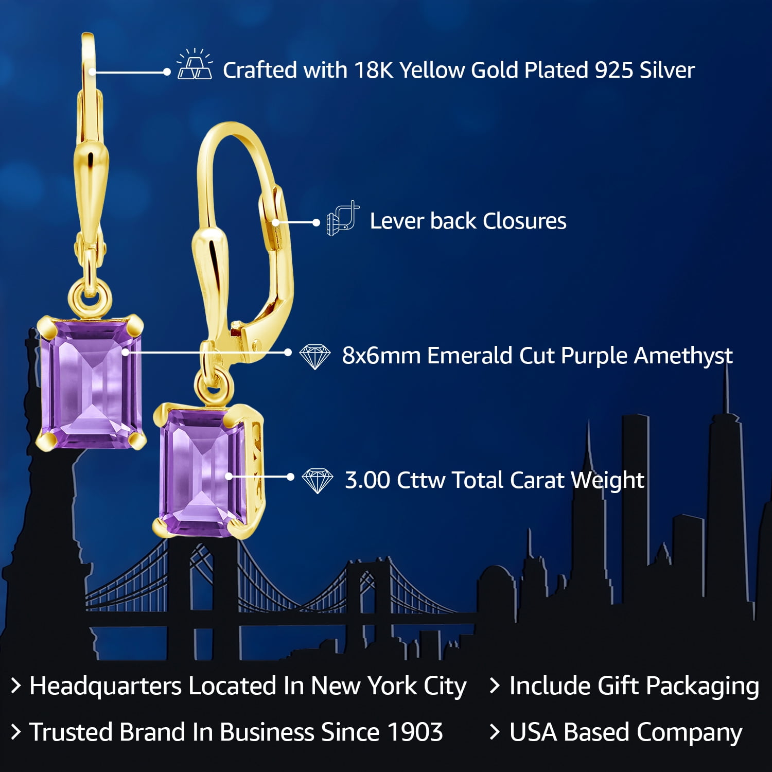 Gem Stone King 18K Yellow Gold Plated Silver Purple Amethyst Dangle Earrings for Women (3.00 Cttw, Gemstone February Birthstone, Emerald Cut 8X6MM)