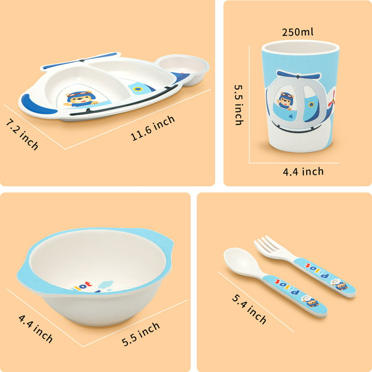 Wisewater 5 Piece Kids Dinnerware Set, Bamboo Fiber Kid Plates and Bowls Set, Baby Dishes Divided Toddler Plates for Child, Cartoon Pattern Design