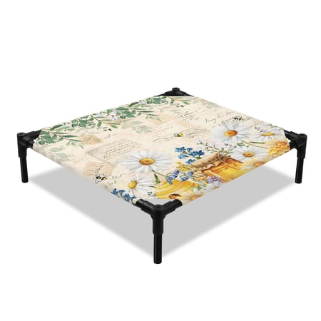 Daisy Honey Elevated Dog Bed Bee Blue Flower Green Eucalyptus Leaves Retro Cooling Breathable Outdoor Raised Dog Cot Bed with Metal Frame Non-Slip Feet for Small Dog 20x20in