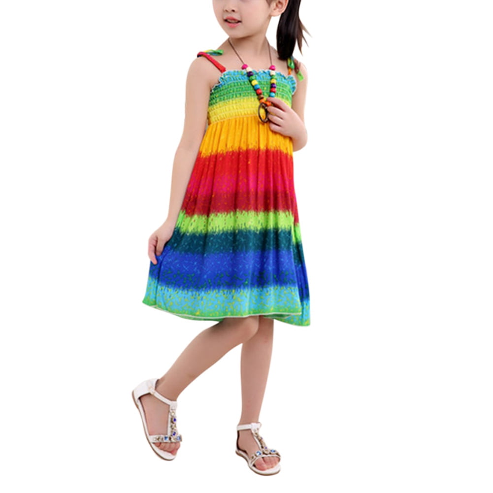 Hiwil Little Girls Bohemian Rainbow Sundress - Summer Beach Dress With Necklace, Knee Length - View #6