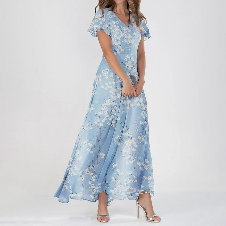 Youmylove Summer Dresses for Women Floral Maxi Dress Swing Long Dress  Chiffon Floral Short Sleeve Ruffle V Neck Fashion Flowy Dress Trendy Spring  Dresses - Walmart.com