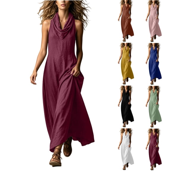 Women's Cowl Neck Sleeveless Maxi Dress Loose A Line Flowy Long Dress Lightweight Boho Style Sundress Beach Vacation Outfit Yellow