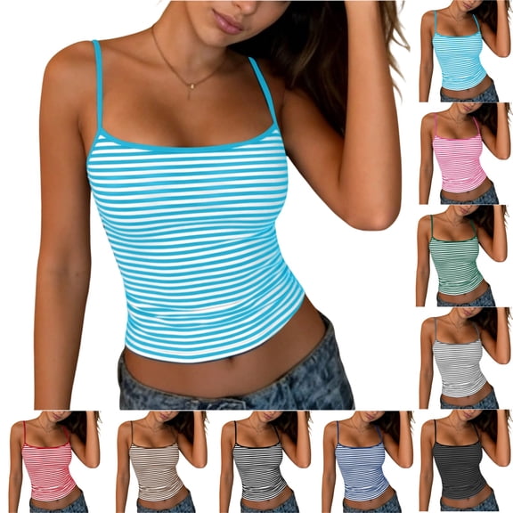 UDAUDU Spaghetti Strap Tank Top for Women Striped Y2k Sleeveless Cami Top Crop Top Slim Fit Backless Aesthetic Going Out Tops Sky Blue M