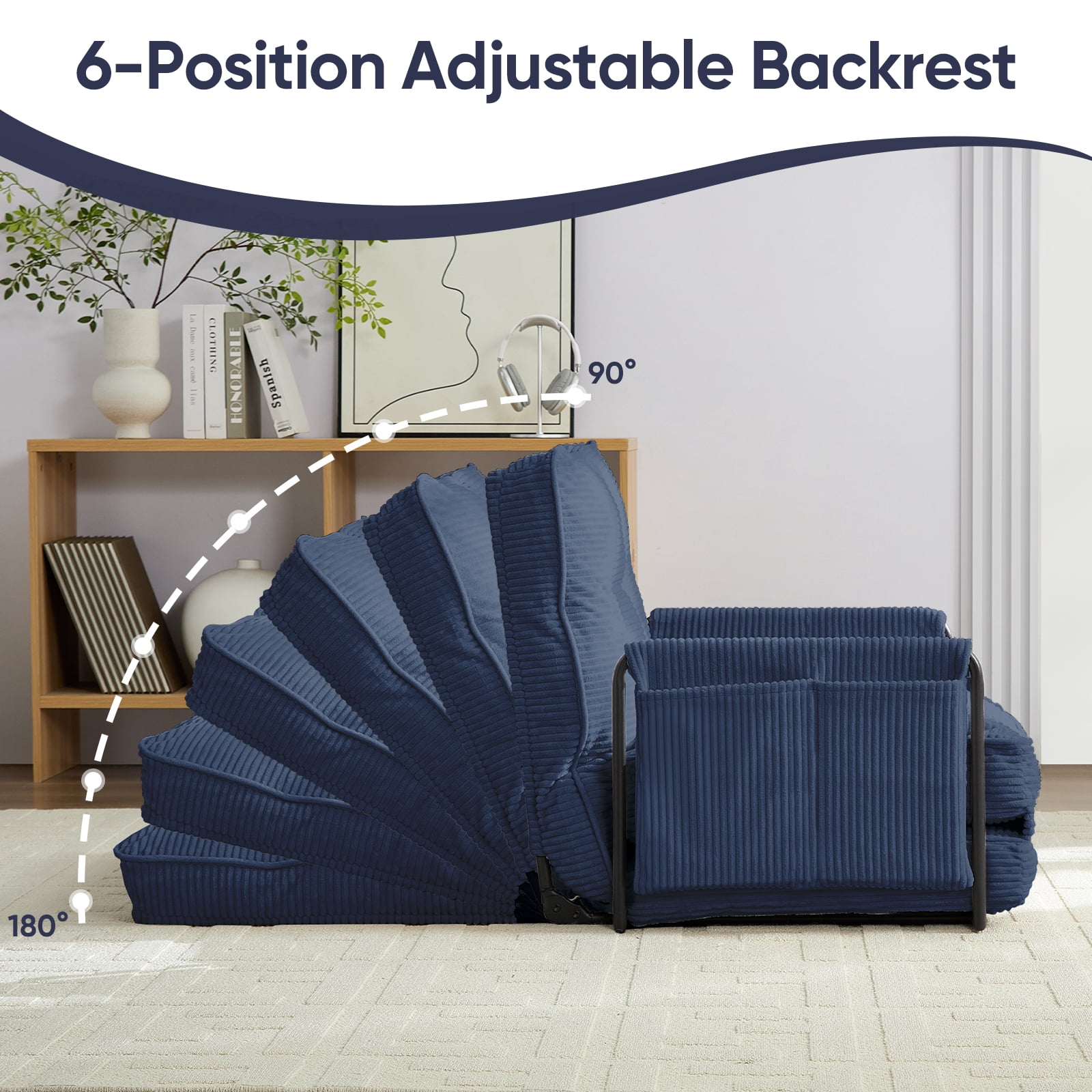 BALUS Futon Folding Sofa Bed, 4-in-1 Floor Couch with Foldable Mattress, Convertible sofa beds for Living Room, Corduroy, Dark Blue