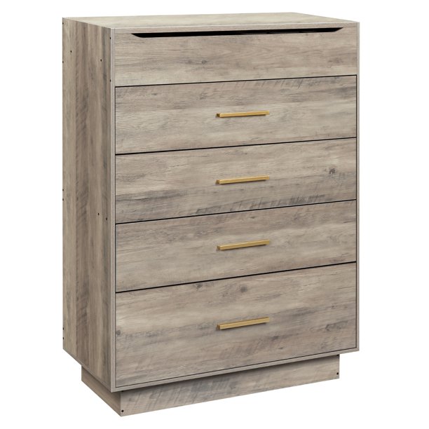 5Tier Wood Lift Top Dresser Drawer Chest with Inside Mirror, Gray