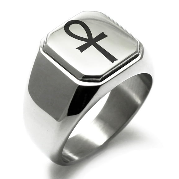 Stainless Steel Egyptian Ankh Cross Engraved Square Flat Top Biker Style Polished Signet Ring