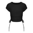 thumbnail image 4 of Crop Tops for Women Trendy Round Neck Drawstring Short Sleeve Shirts Casual Slim Fit Girls Summer Tunic Blouses Black, 4 of 6