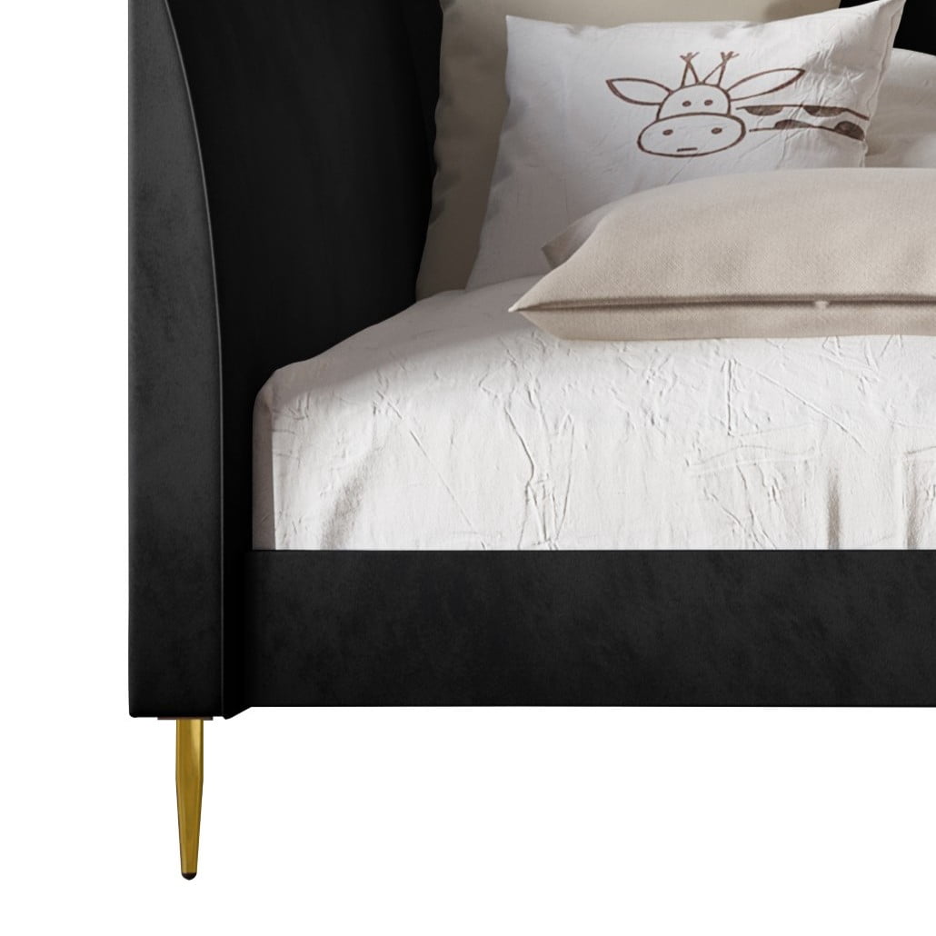 Home Design Dayton Twin Daybed, Black Velvet Upholstered Frame, Tuxedo Arms, Vertical Tufting, Plush Cushions, Gold Metal Legs for Stylish Seating & Sleeping