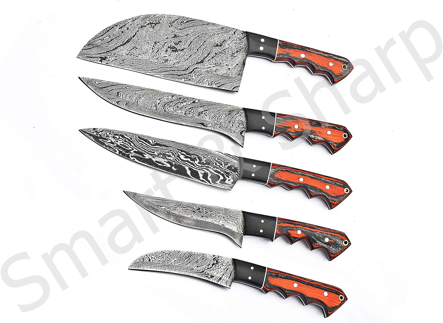 Smart & Sharp Custom Handmade Damascus Chef Knives Set/Kitchen Knives 5 Pieces Set 17211 (Orange)