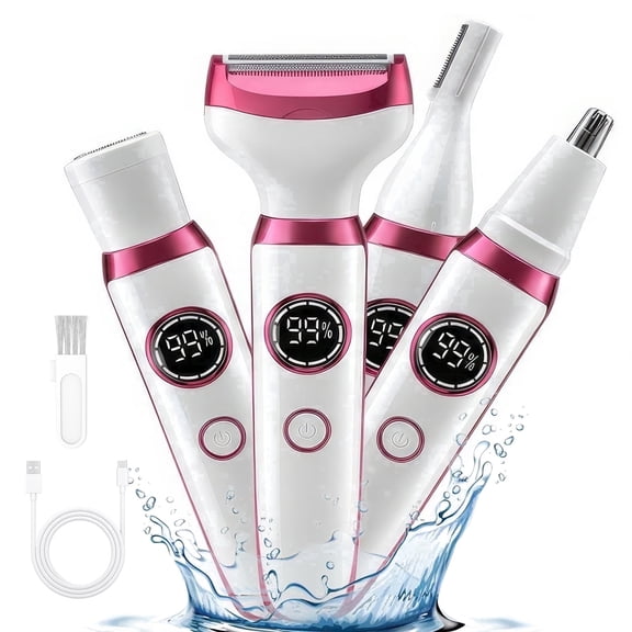 OBACRE Bikini Trimmer for Women,4-in-1 Electric Razors for Women,IPX7 Waterproof Rechargeable Cordless Pubic Hair Shaver with LED Display for Ladies Bikini Pubic, Face, Underarms, Legs