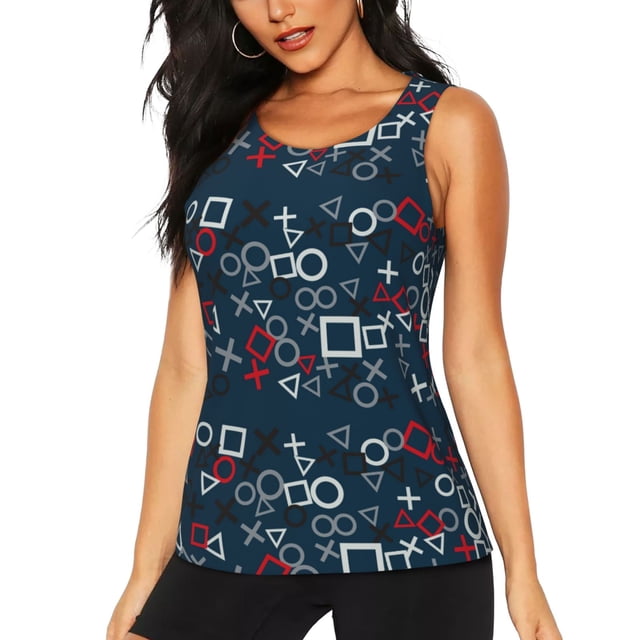Balery Navy Blue Geometric Camiseta sin mangas estampada ligera para mujer, tops de entrenamiento sin mangas, camisetas de yoga transpirables de secado rápido.-Small