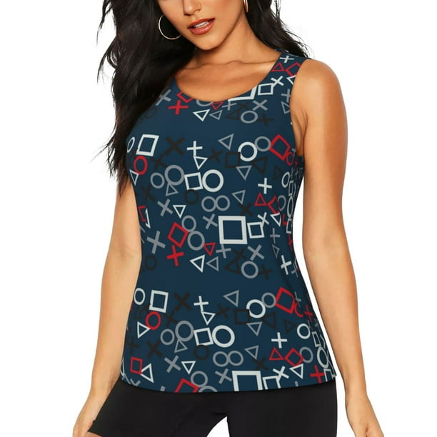 Fotbe Navy Blue Geometric Blusas Sin Mangas para Mujer – Estilo Casual, Corte Suelto, Slim-Fit, Cuello Redondo Deportivo, Tops de Verano para Gimnasio y Yoga-Large
