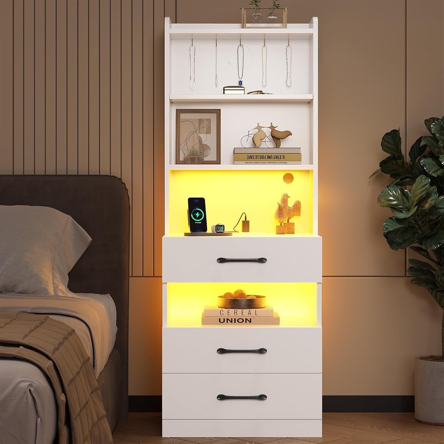 AOGLLATI Tall Modern Nightstand with Charging Station and LED Lights, 3 Drawers, Storage Shelves