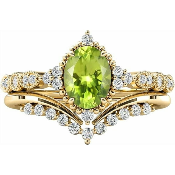 Gems Jewels 925 Sterling Silver 2.00 Ct Oval Cut Peridot & White Diamond Wedding Valentine's Anniversary Christmas Bridal Ring Set 14K Yellow Gold Plated For Women's -5