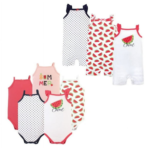 Hudson Baby Infant Girl Cotton Bodysuits and Rompers, 8-Piece, Watermelon, 0-3 Months