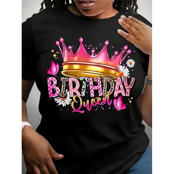 Regular Size Casual Crew Neck T-Shirt, Cotton Knit Fabric with Slight Stretch, Summer Tee with Birthday Queen Graphic, for Women