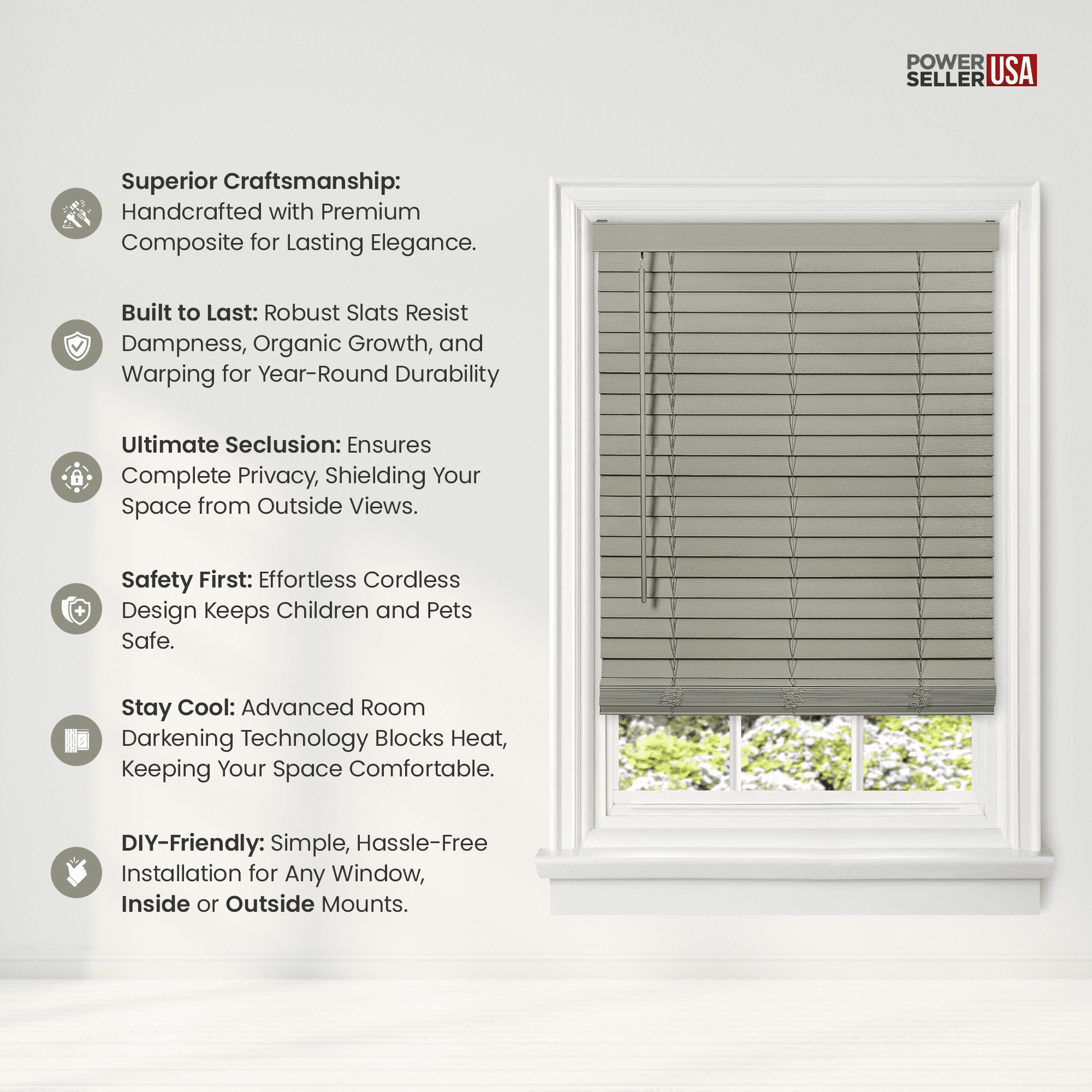 PowerSellerUSA Cordless Window Blinds, Privacy & Room Darkening 2" Slats Faux Wood Mini Blind, Anti-UV Window Treatment, Gray Plantation Blind, 31" Width x 64" Length, (Fits windows 23" - 74")