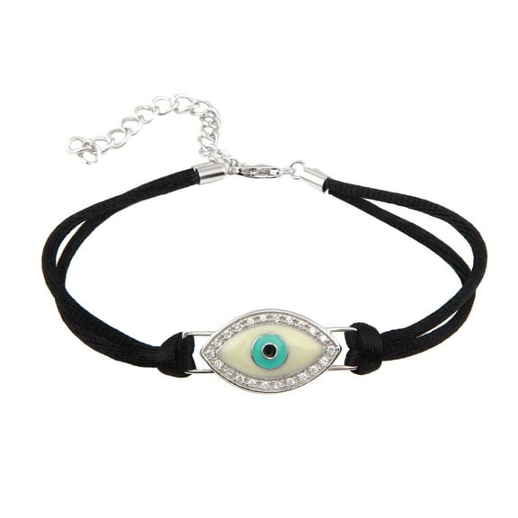 Clear Cubic Zirconia Small Evil Eye Black Cord Bracelet Rhodium Plated Sterling Silver