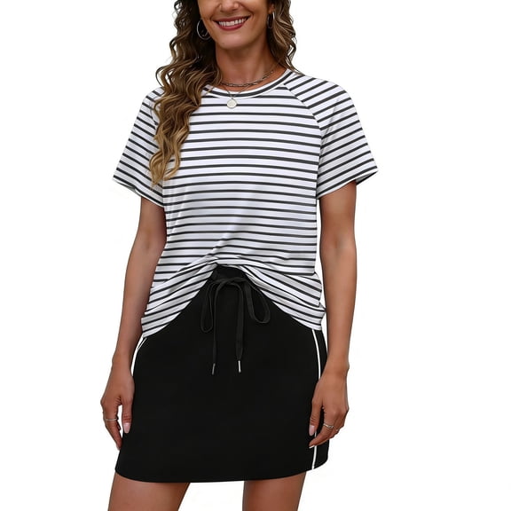 Neewe Two Piece Skirt Set for Women Round-Neck Solid Top & Short Skirt Sets 2026 Summer Spring Dressy Casual Travel Vacation Outfits