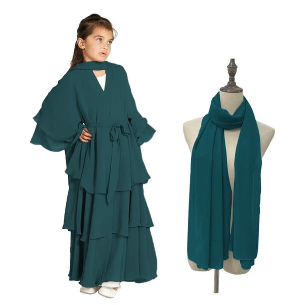 Traje de falda para niños y niñas, Festival musulmán de Ramadán, color sólido, manga larga, cuello en V, vestido flotante de gasa de tres capas, ropa para niños, vestido elegante, vestido de poliéster