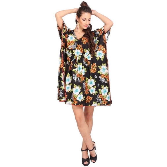 Women's Kaftan Tunic Kimono Dress Summer Evening Plus Size Beach Cover Up 10 -24 (Free Size, 110-Black)