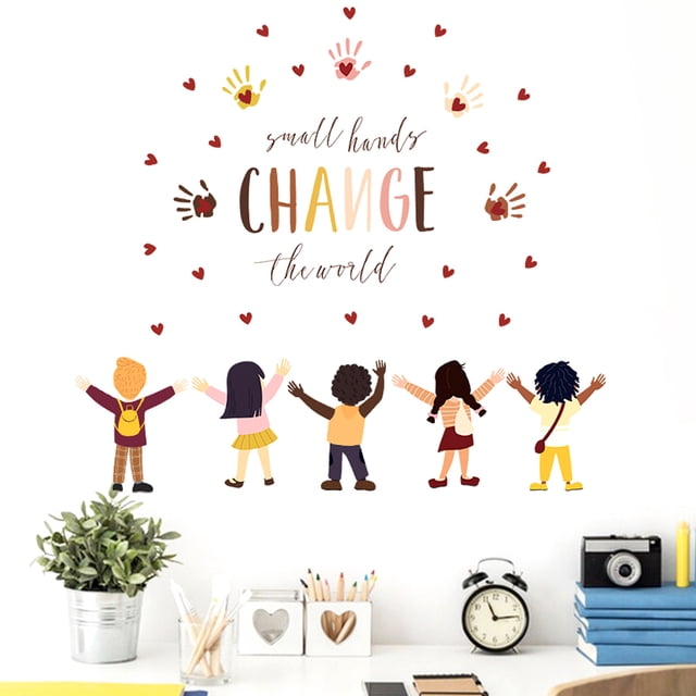 Las manos pequeñas cambian las pegatinas de las calcomanías de la pared de la igualdad del mundo, decoraciones inspiradoras de la guardería, decoración neutral de la habitación de los niños pequeños
