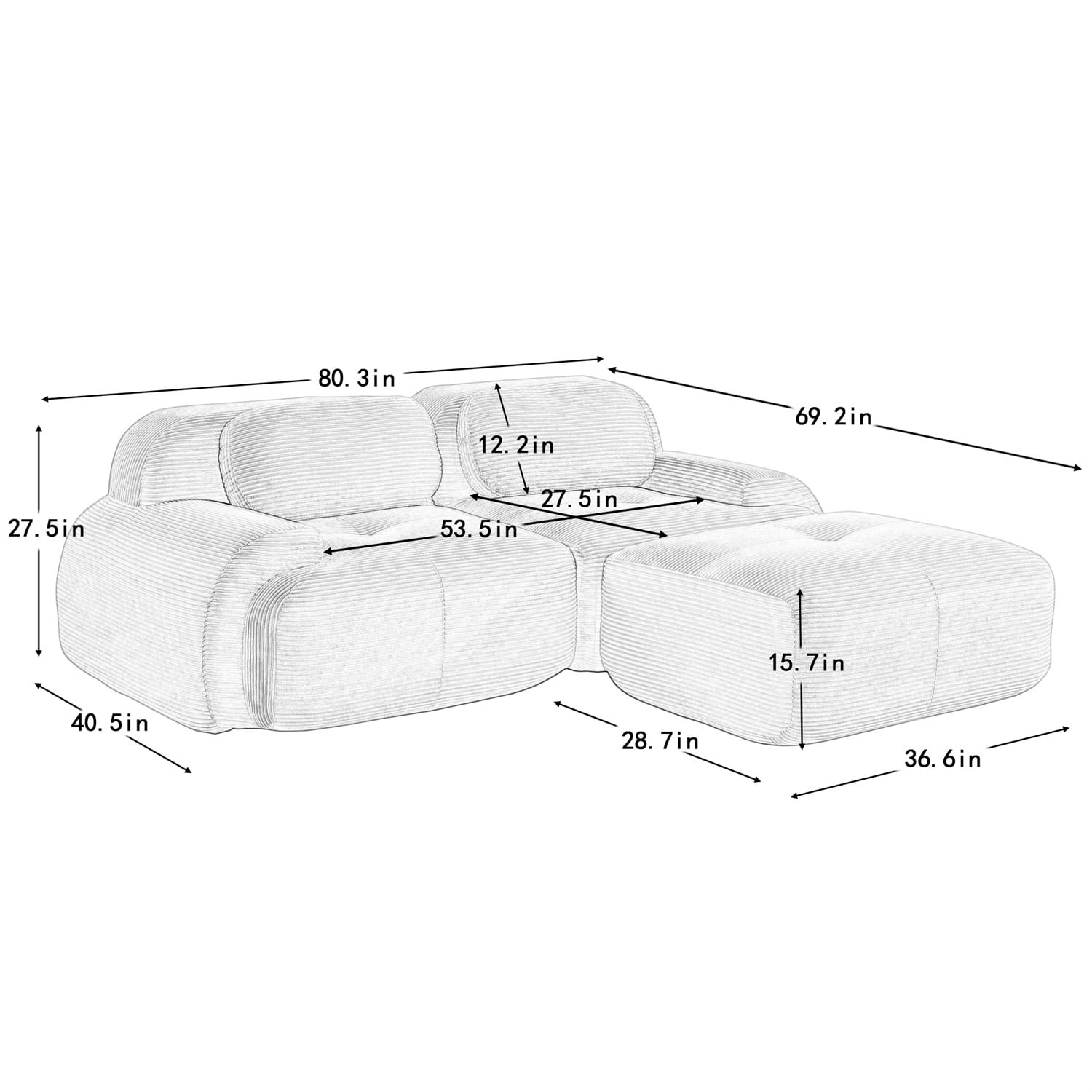 Hommoo 82" Luxury Corduroy Fabric Modular L-shaped Sofa, Multiple Combinations 2 Seater Sectional Sofa Couches with Curved Armrests, for Living Room Apartment, Blue