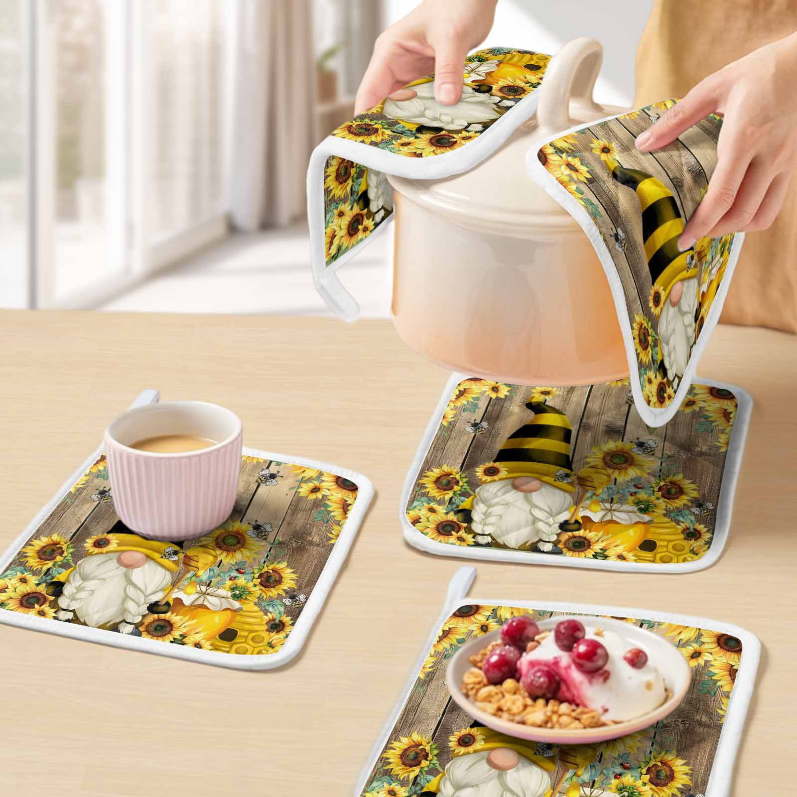 Yellow Sunflower Pot Holders for Kitchen Heatproof Potholder, 3 Pack Farmhouse Wood Grain Bees Gnomes Hot Pads Multipurpose Oven Pads Cloth Potholders Trivet for Cooking Baking