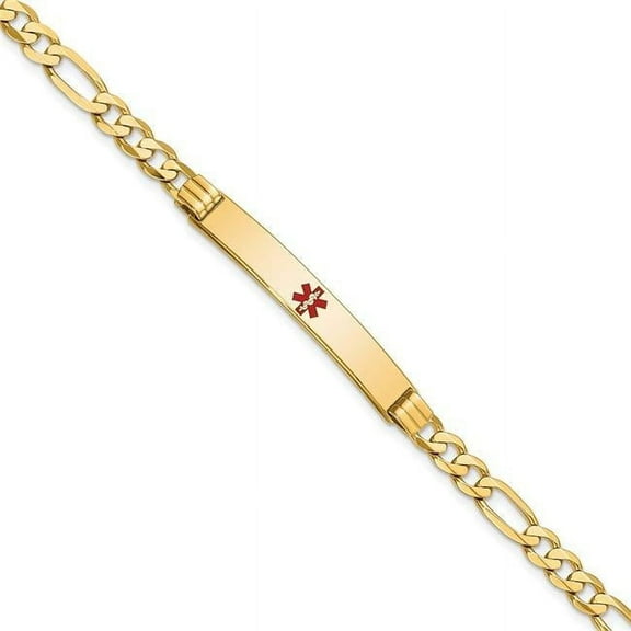 Primal Gold 14 Karat Yellow Gold Medical Red Enamel Flat Figaro Link ID Bracelet
