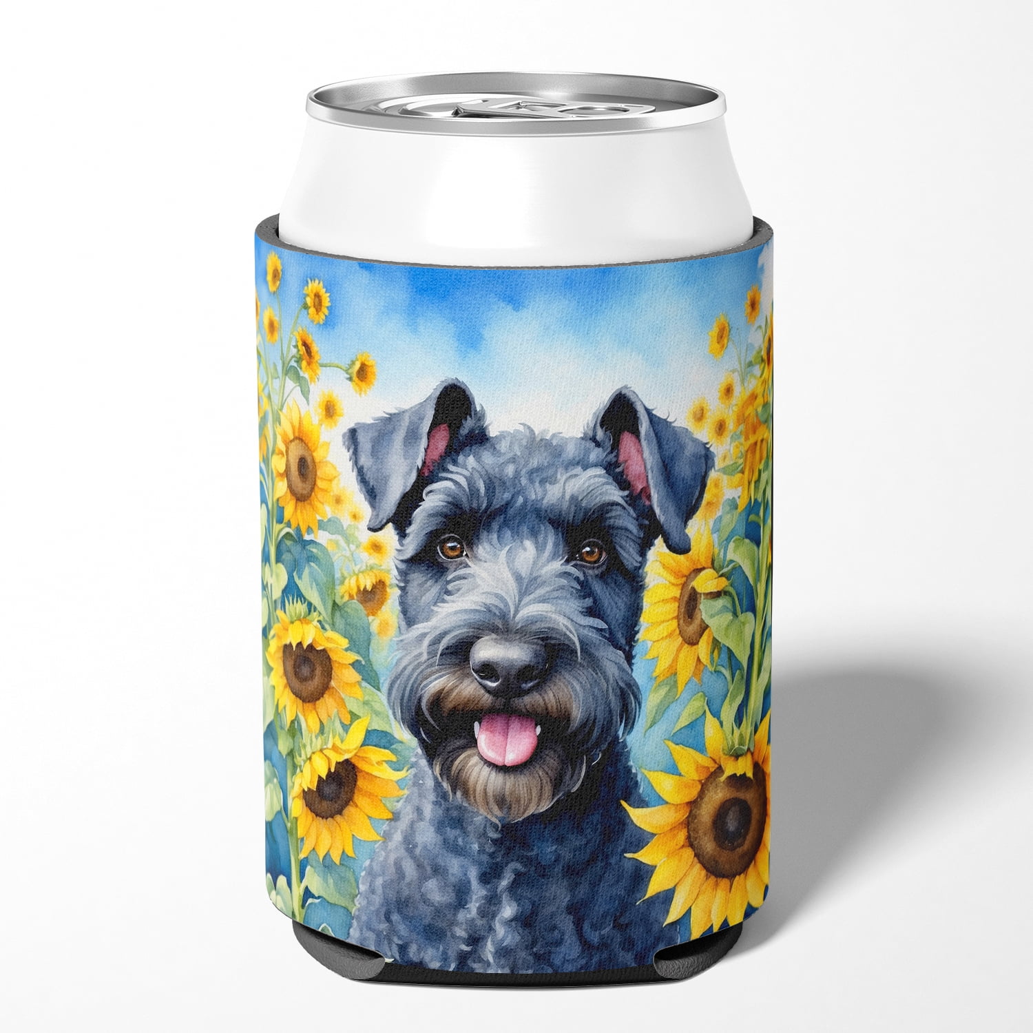 Kerry Blue Terrier in Sunflowers Can or Bottle Hugger 3 in x 5 in