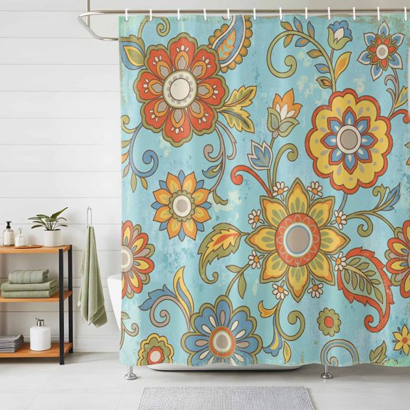 Shower Curtain Waterproof for Bathroom 72x72 Inch, Teal Yellow Flowers Bath Curtain for Bath Stalls and Tub Retro Abstract Floral Decorative Shower Curtains with Hooks