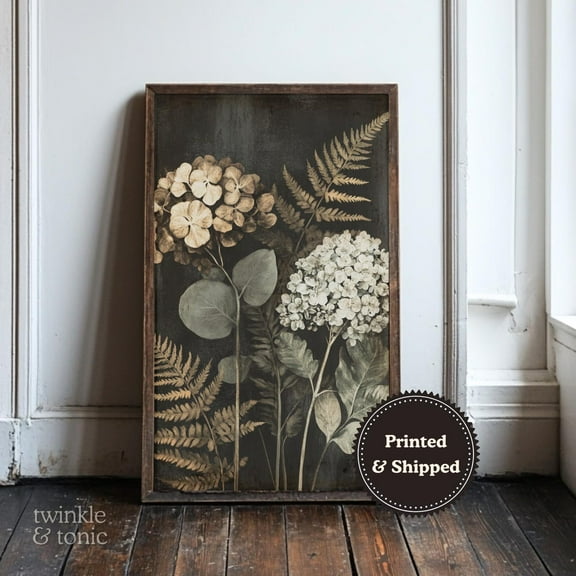 PosterArt Vintage Hydrangeas Art Print Dark Academia Floral Wall Décor Moody Cottagecore Rustic Aesthetic Poster, 8x12 UNFRAMED