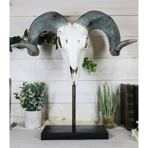 Realistic Bighorn Sheep Ram Head Skull Rustic Sculpture On Pole Stand 18"H