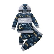 Frobukio Kids Baby Boys Spring Autumn Clothes 2Pcs Letter Dinosaur Patchwork Hooded Long Sleeve Tops Pants Navy blue 18-24 Months