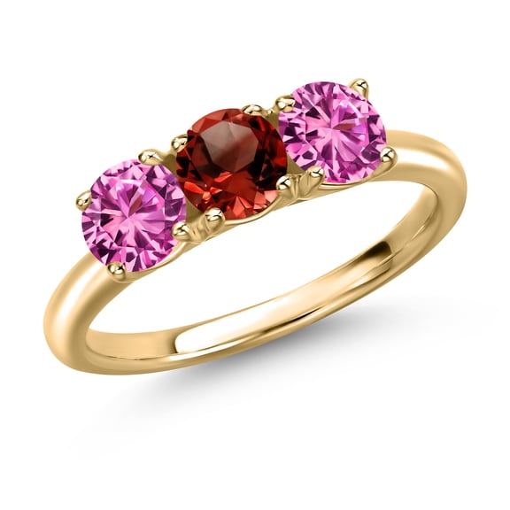 Gem Stone King 10K Yellow Gold Red Garnet and Pink Created Sapphire Engagement Ring for Women | 1.65 Cttw | Round 5MM | Gemstone January Birthstone | Size 6