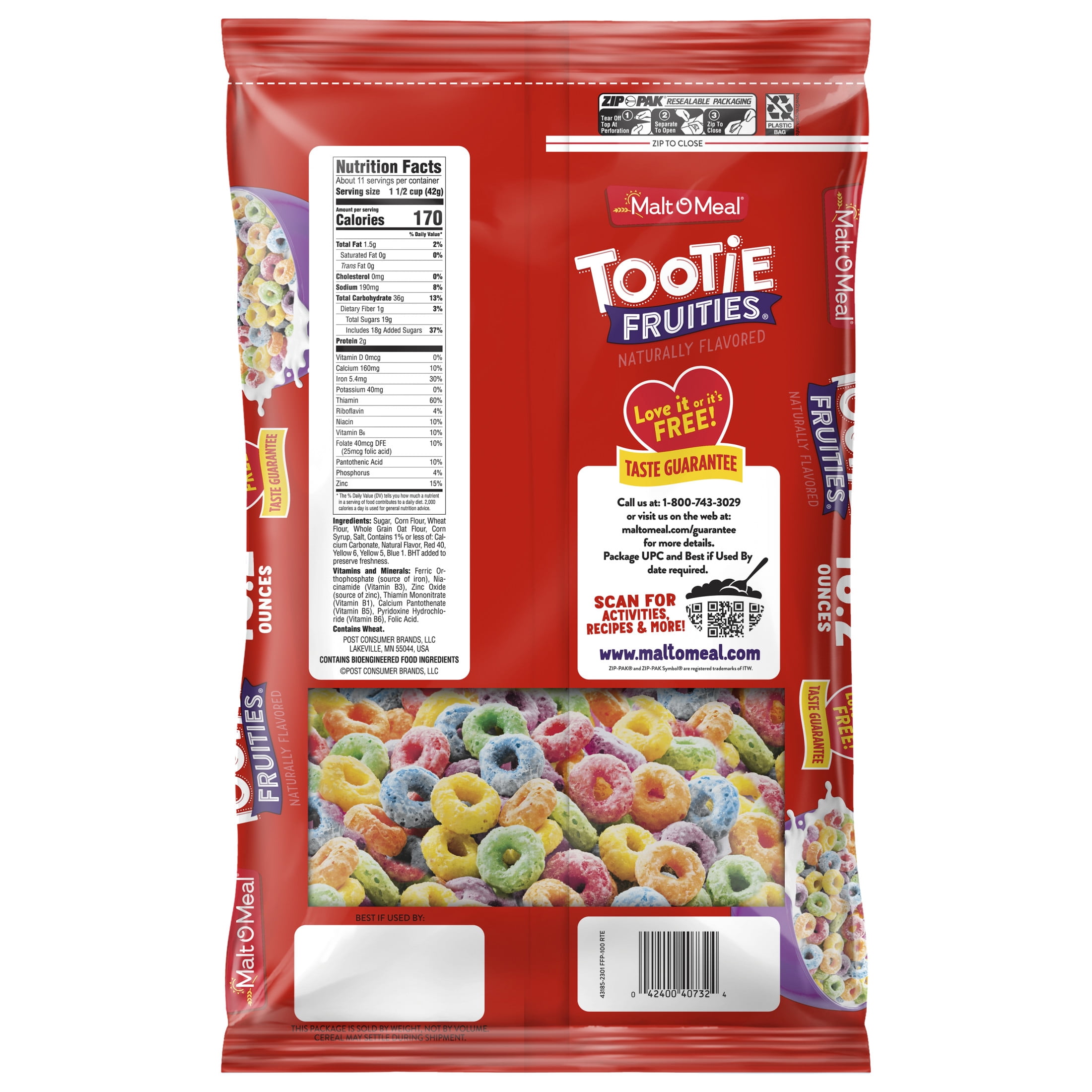 Malt-O-Meal, Tootie Fruities Breakfast Cereal, 16.2 oz Plastic Bag