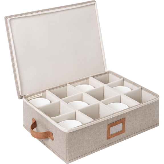 China Storage Container, Stackable Mug Storage Box with Dividers, Stemware Storage Cases, Hard Shell China Cup Organizer, Holds 12 Tea Cups and Coffee Mug, 1 Pack, Brown and Beige