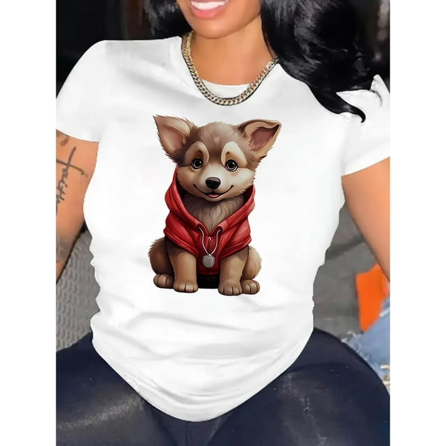 Women's Casual Hoodie Puppy Graphic Tee - Short Sleeve, Round Neck, Comfortable Polyester Blend, Machine Washable, Perfect for Casual Attire