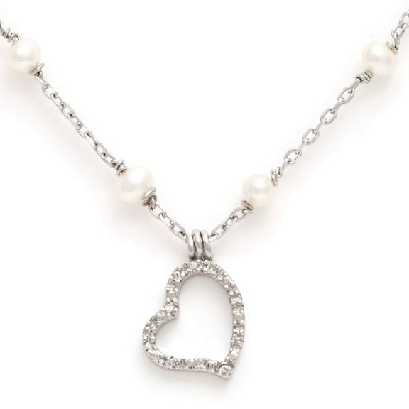 Silver Diamond Heart Pendant On Pearl Chain
