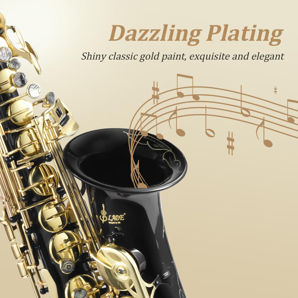 PWTOOL Alto Saxophone Drop E Brass Sax Full Kit for Student Beginners with Carving, Mouthpiece, Carrying Case, Gloves, Cleaning Cloth Bar (Black & Gold)