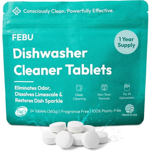 Dishwasher Cleaner Tablets Made in USA | Natural Dishwasher Cleaner and Deodorizer | Eliminates Grease & Grime | 8 Natural, Biodegradable, Plant-Based Ingredients | 24 Tablets - 12 Month Supply