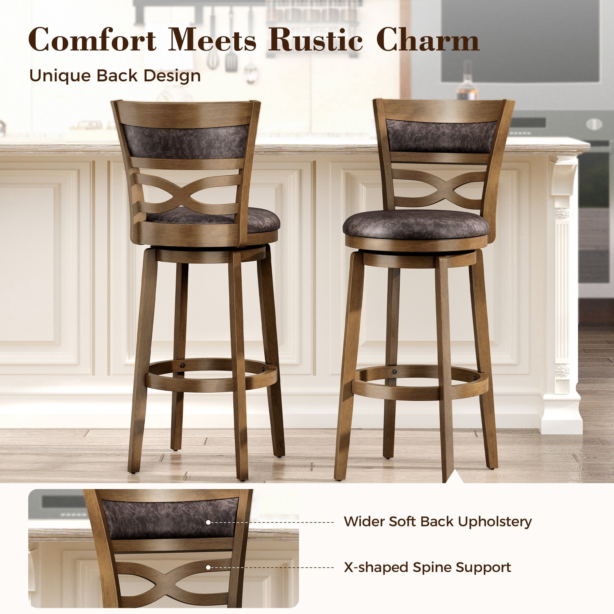 MF Studio 30" Bar Height Stool with Back Set of 4, Wood Swivel Bar Stool with Thick Upholstery Back & Extra Large Seat, Jacobean