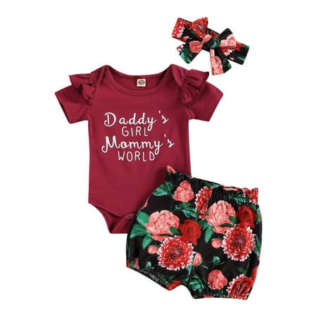 

Baby Girls Clothes Sets Letter Ruffles Sleeve Romper Floral Shorts Headband