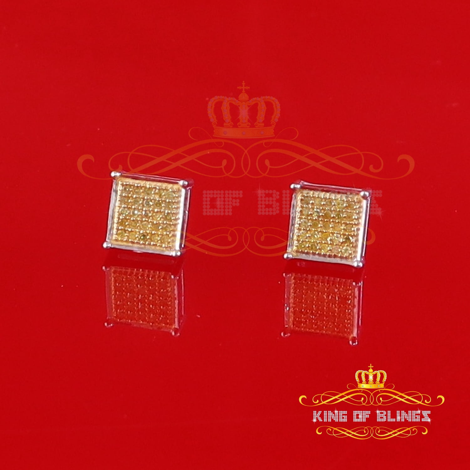 King of Bling's 0.10ct Diamond Square Stud Earrings For Women White 925 Sterling Silver For Men